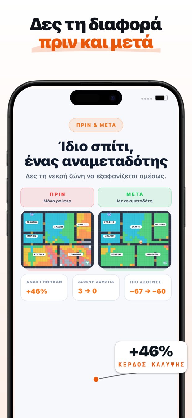 Ο οπτικός χάρτης σήματος (heatmap) σου δείχνει ακριβώς πού πεθαίνει το σήμα σου — και γιατί (τοίχοι, απόσταση, υλικά κατασκευής).
