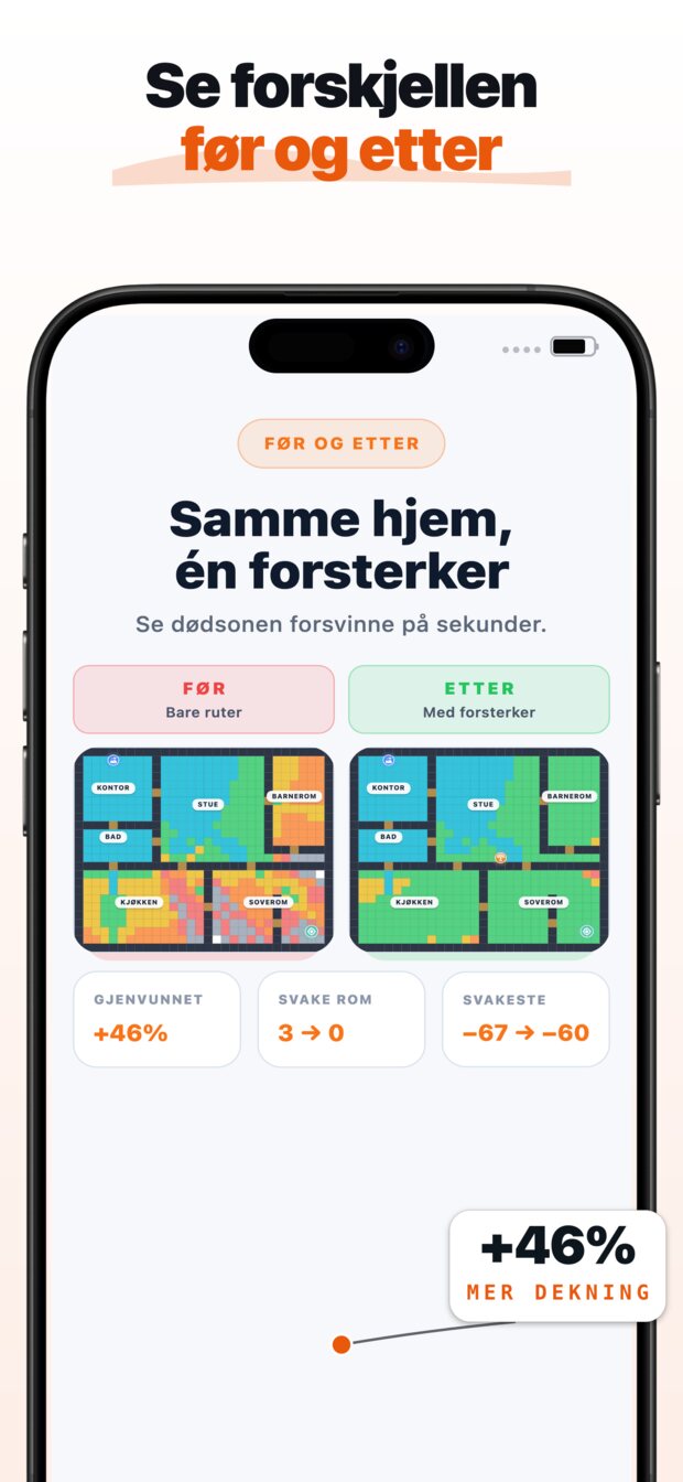 Det visuelle signalkartet viser nøyaktig hvor signalet ditt dør – og hvorfor (vegger, avstand, byggematerialer).